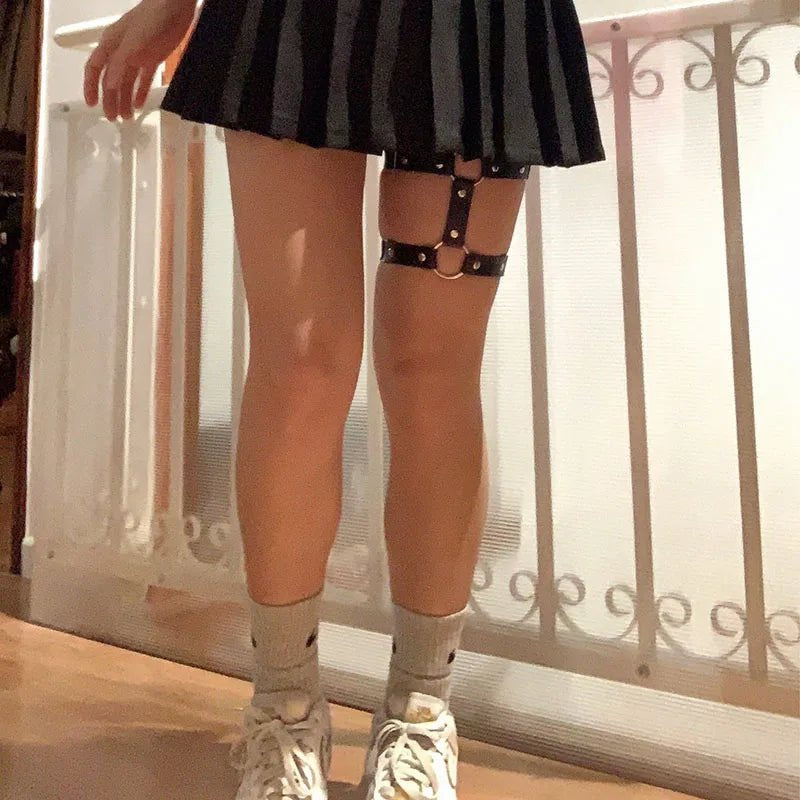 Women Elastic Pu Leather Leg Ring Garter Leglet Lingerie Belt Punk Heart Rivet Spike Thigh Goth Harajuku Harness Stockin - AltBrat
