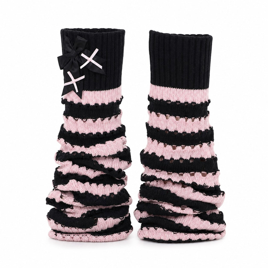 Striped Open-Knit Flare Leg Warmers with Bow - AltBrat