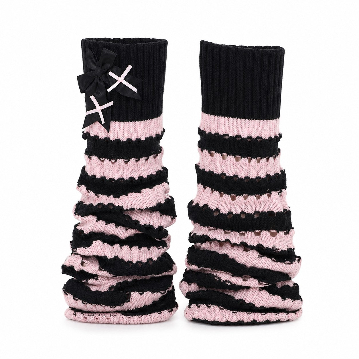 Striped Open-Knit Flare Leg Warmers with Bow - AltBrat