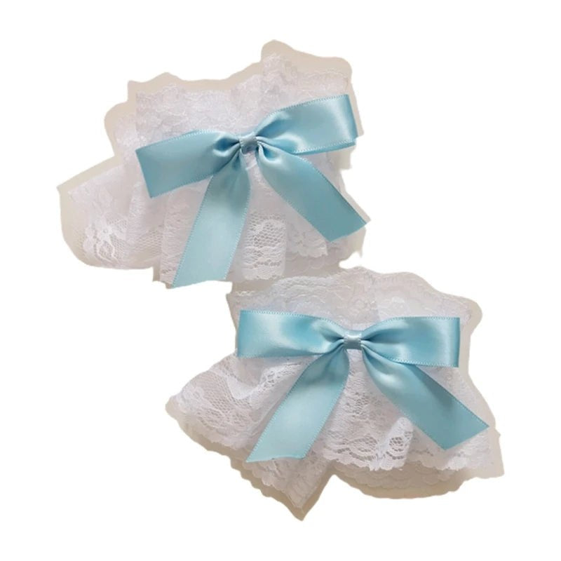 Dark Gothic Lolita Wrist Cuffs Sweet Satin Bow Ruffles Floral Lace Tulle Bracelet Wristband Japanese Anime Maid Cosplay  - AltBrat
