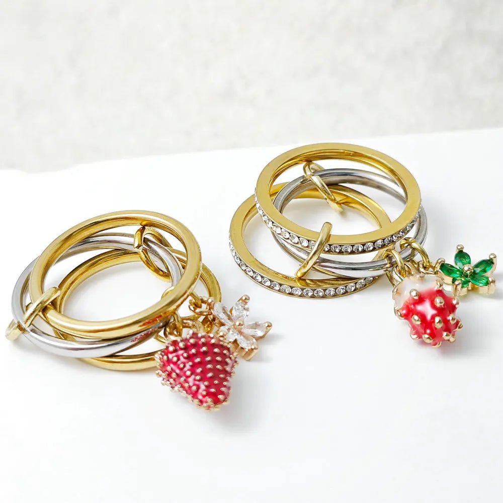 Sweet Strawberry Flower Charm Ring Set For Female INS New Stainless Steel Stacking Spinelli Kilcollin Rings Handmade Y2K - AltBrat
