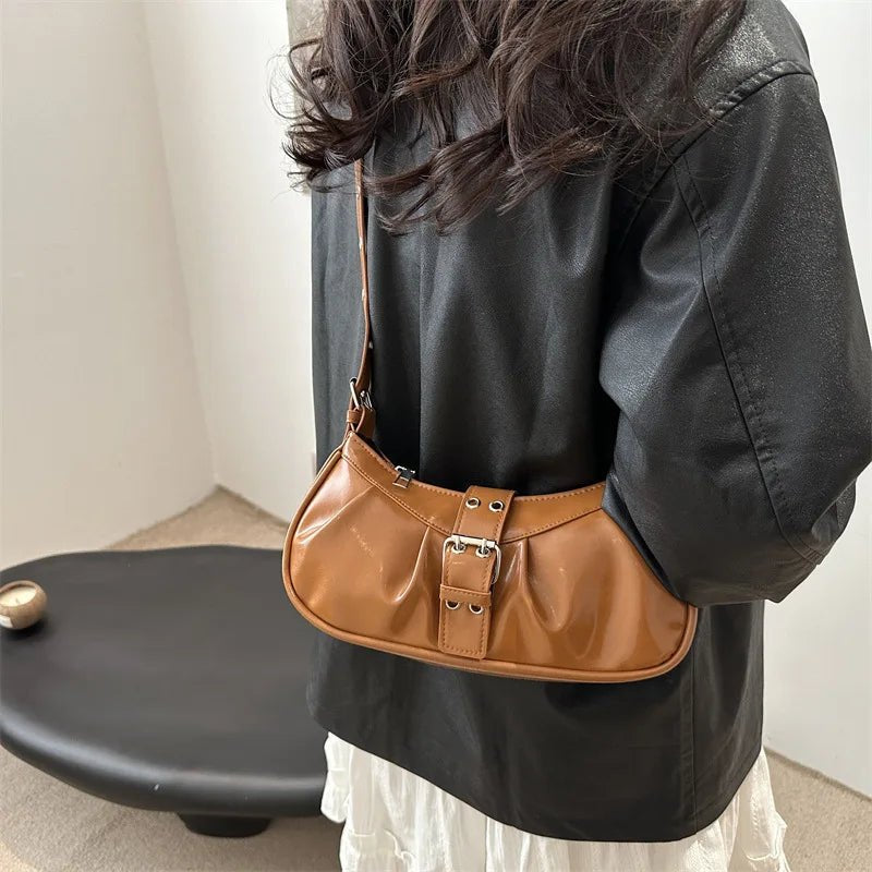 Retro Designer Buckle Armpit Bag Pu Leather Gothic Y2k Shoulder Bag Vintage Cross Body Spicy Girl Handbag Female Purses  - AltBrat