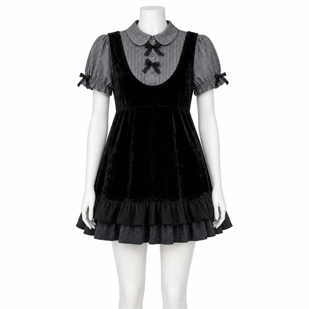 Harajuku Gothic Bow Dress – Y2K Lace Shirt Mini Dress worn - AltBrat