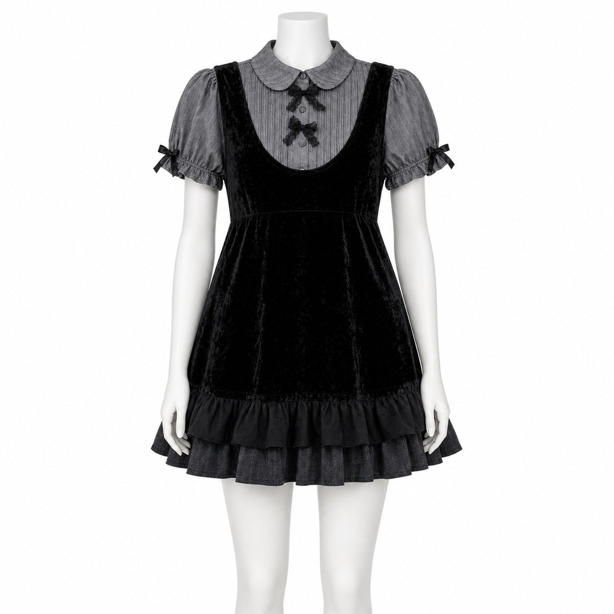 Harajuku Gothic Bow Dress – Y2K Lace Shirt Mini Dress worn - AltBrat