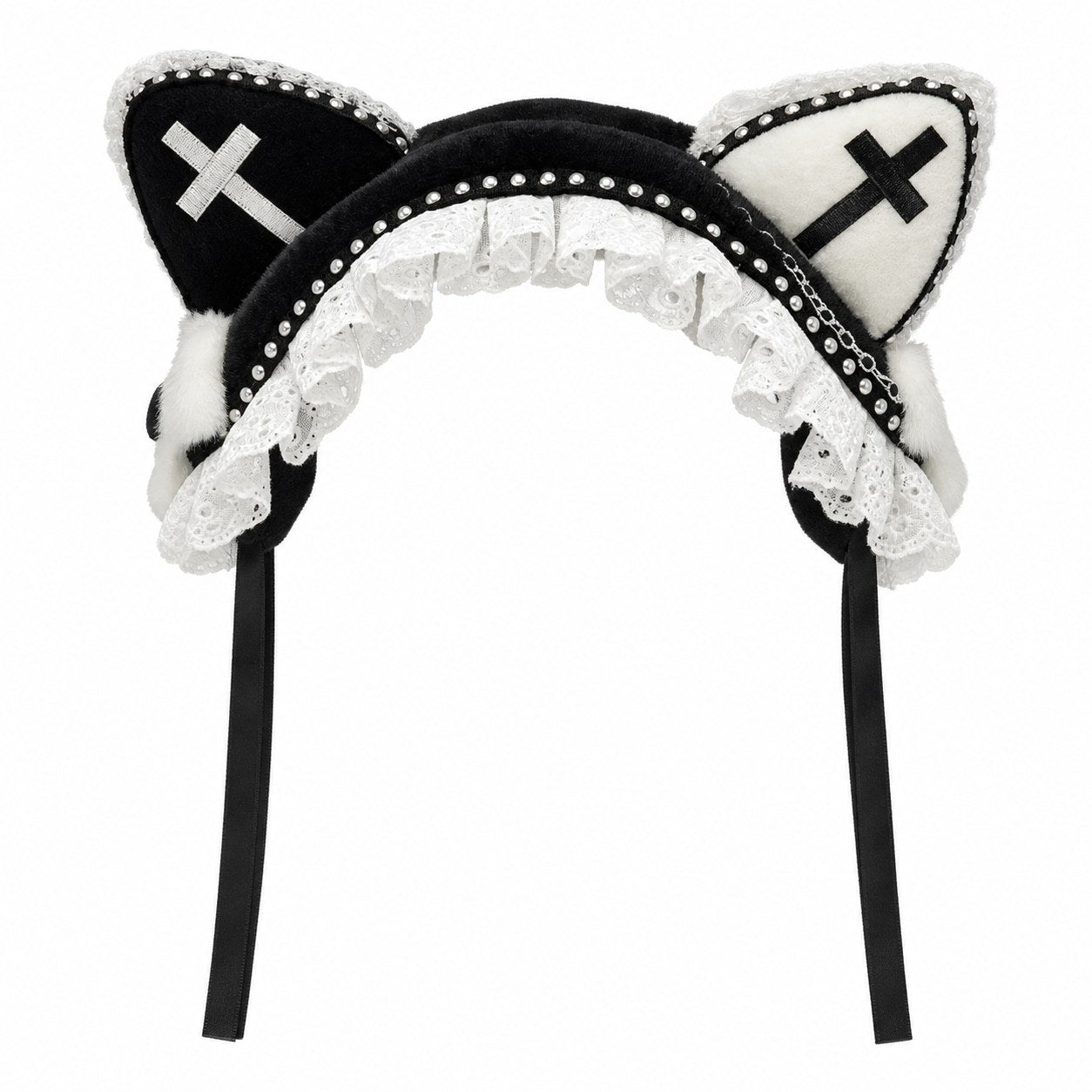 Cross Cat Ear Headband with Lace & Rhinestones - AltBrat