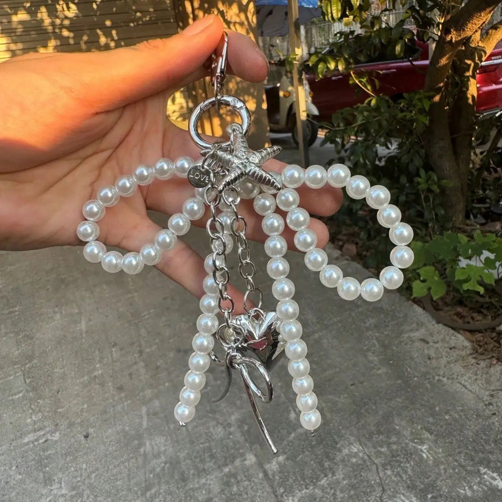Elegant Pearl Bow Heart Star Bag Charm Keychain, Silver Plated Heart Star Pendant, Aesthetic Pearl Purse Key Ring Access - AltBrat