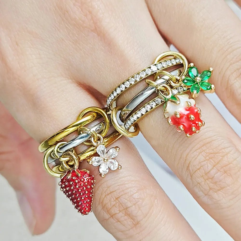 Sweet Strawberry Flower Charm Ring Set For Female INS New Stainless Steel Stacking Spinelli Kilcollin Rings Handmade Y2K - AltBrat