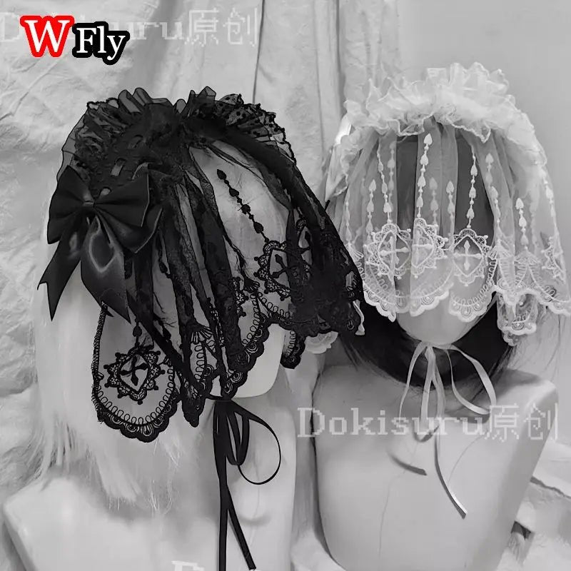 Veil style Women's Harajuku Steampunk Y2K Headwear Ruffled Floral Lace Bow Headband Lolita Gothic Headwear Hair Accessor - AltBrat
