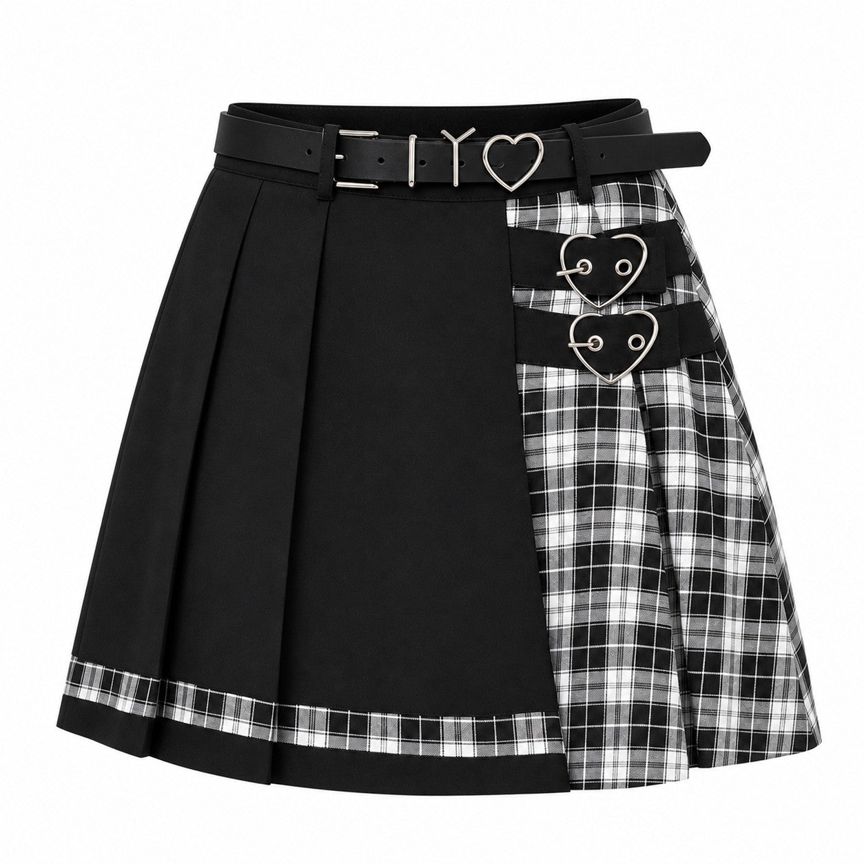 Black Plaid Pleated Skirt with Heart Belt product - AltBrat