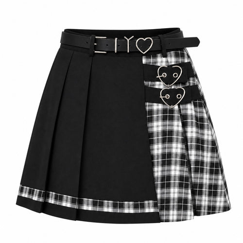 Black Plaid Pleated Skirt with Heart Belt product - AltBrat