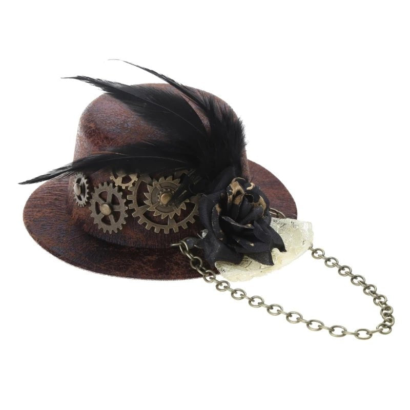 Steampunk Mini Top Hat Gothic Antique Gear Chains Flower Lace Hair Clip Tiny Bowler Victorian Costume Accessores - AltBrat