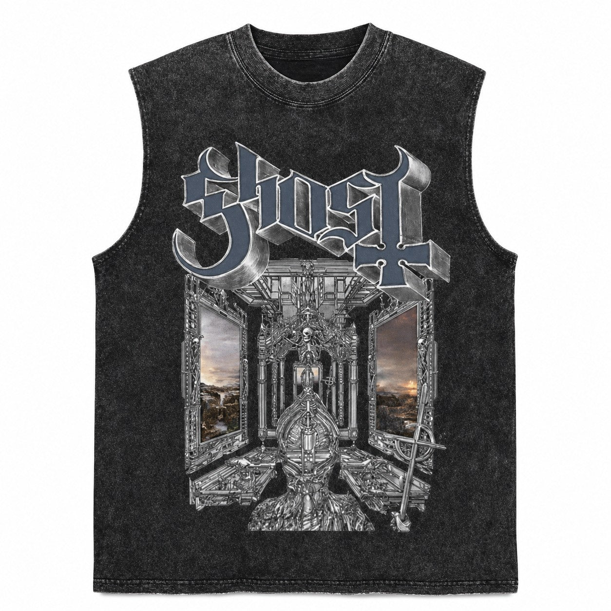 Ghost Cathedral Print Acid Wash Tank Top