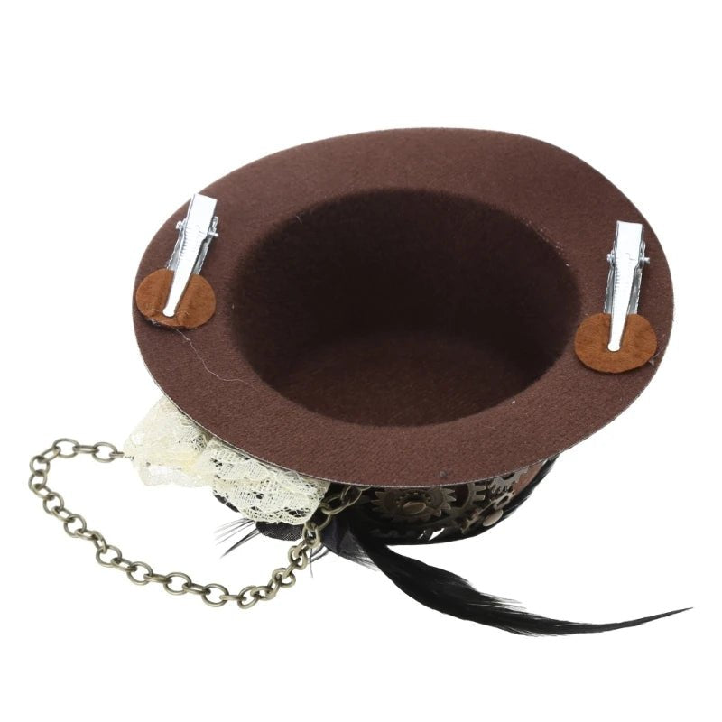 Steampunk Mini Top Hat Gothic Antique Gear Chains Flower Lace Hair Clip Tiny Bowler Victorian Costume Accessores - AltBrat