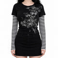 Floral Print Striped Sleeve Layered Punk T-Shirt - AltBrat