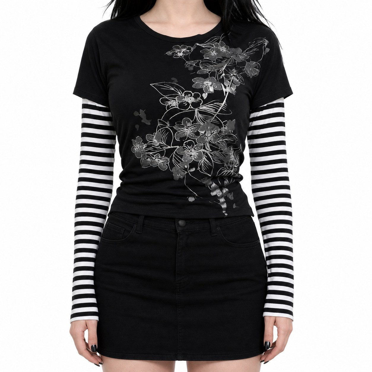 Floral Print Striped Sleeve Layered Punk T-Shirt - AltBrat