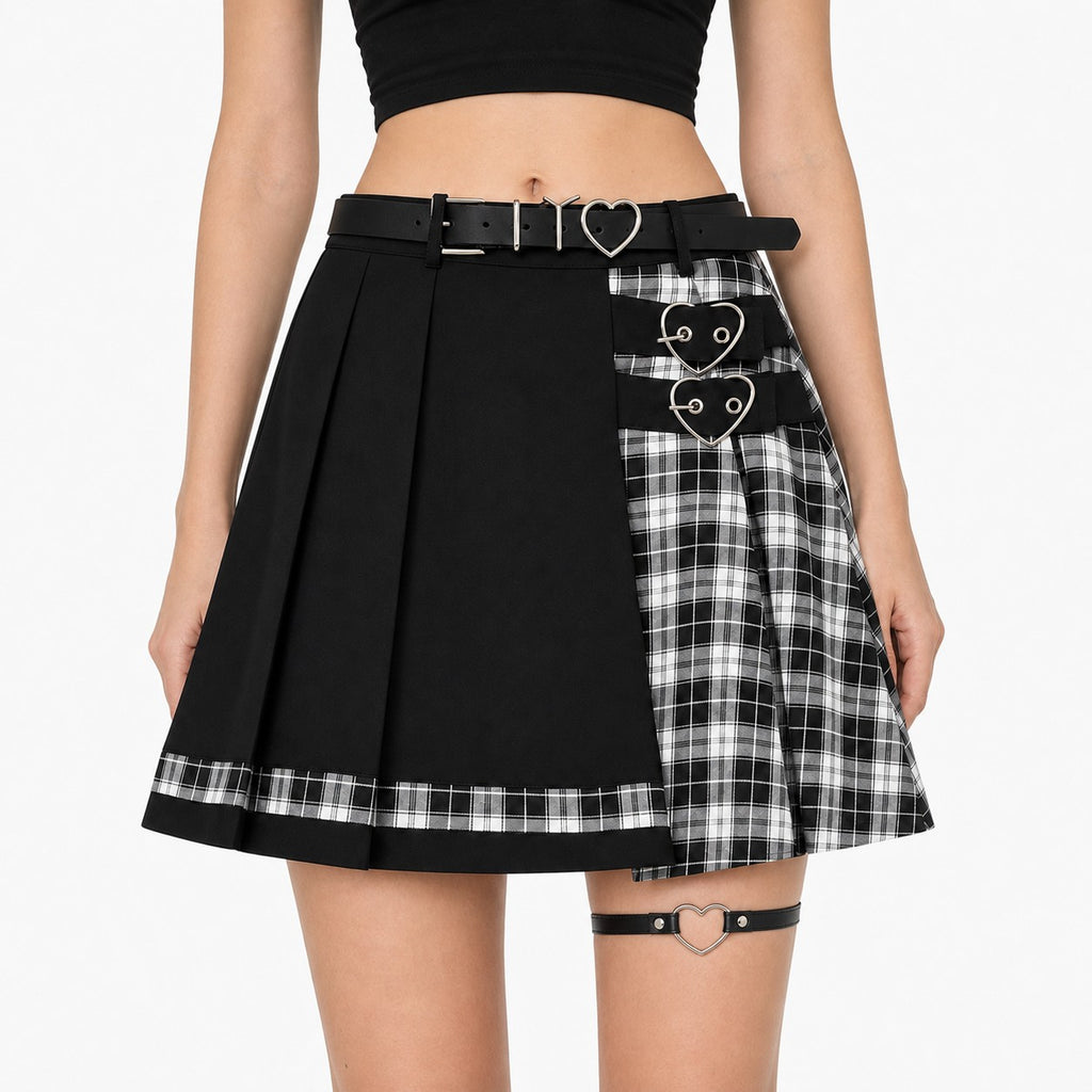 Black & Plaid Asymmetric Pleated Skirt with Heart Belt