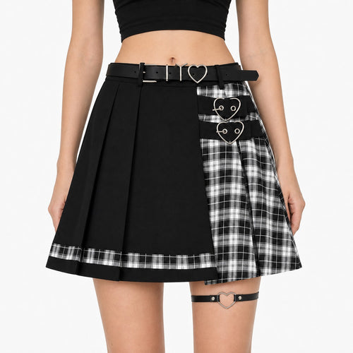 Black & Plaid Asymmetric Pleated Skirt with Heart Belt