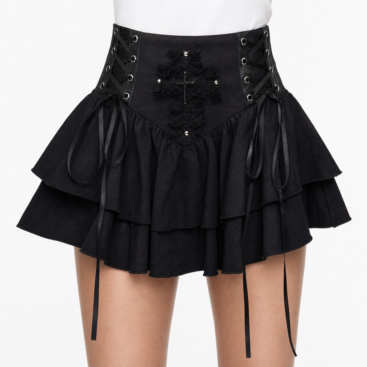 Cross Patch Lace-Up Tiered Ruffle Skirt