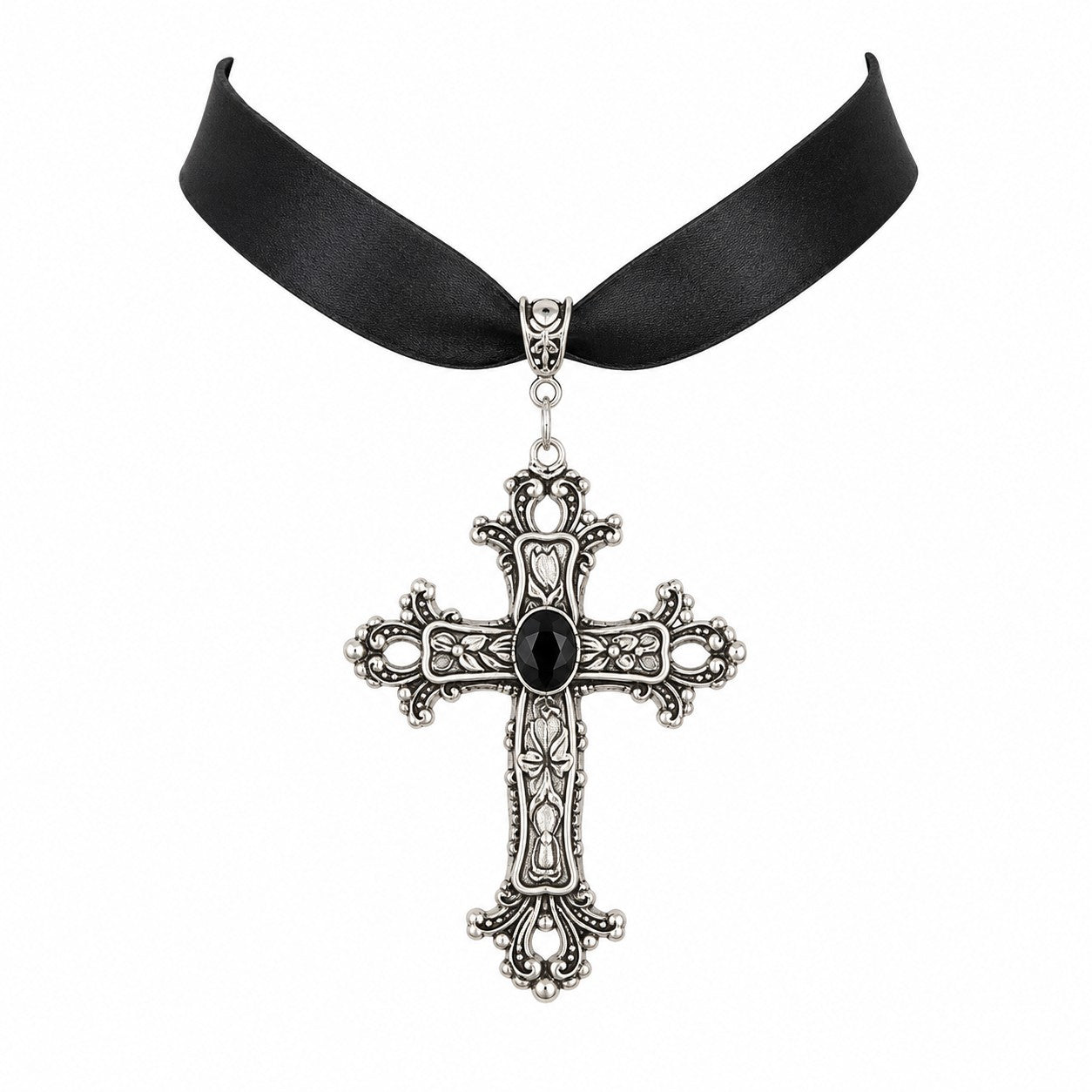 Large Gothic Cross Ribbon Choker Necklace