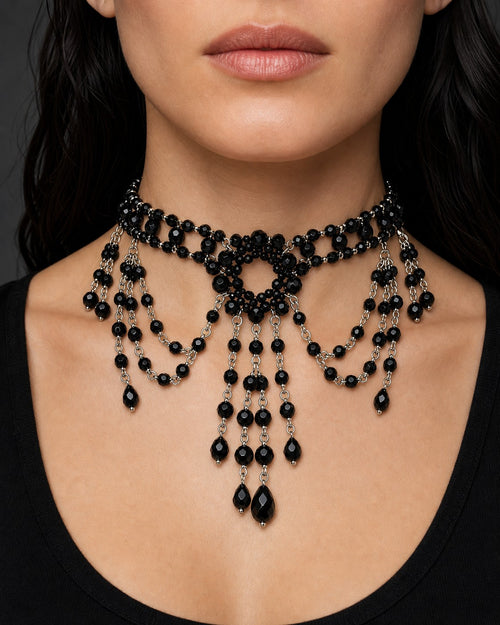 Black Beaded Choker & Earrings Set