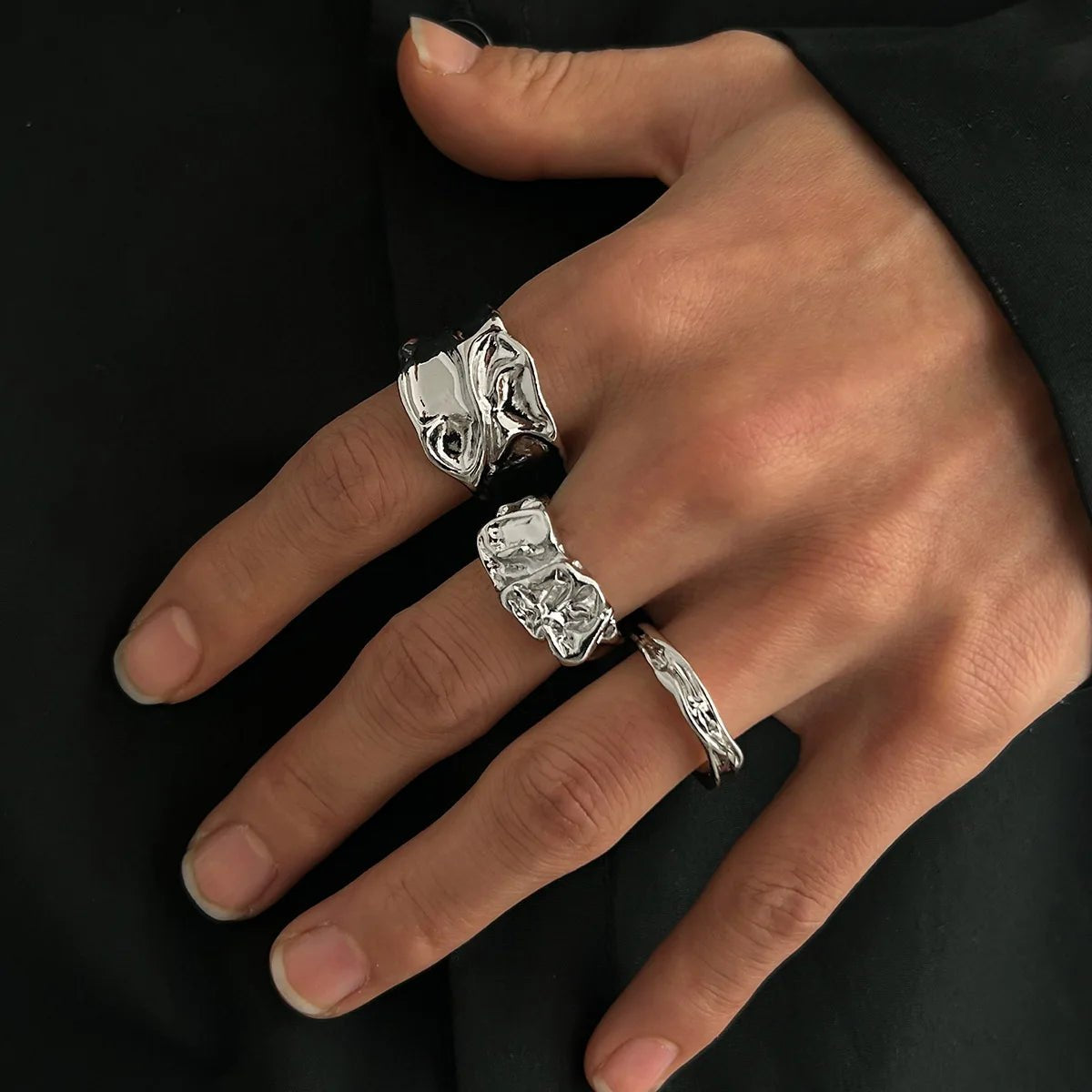 3pcs/set Punk Chunky Irregular Rings For Men Women Geometric Adjustable Liquid Metal Open Finger Rings Statement Jewelry - AltBrat