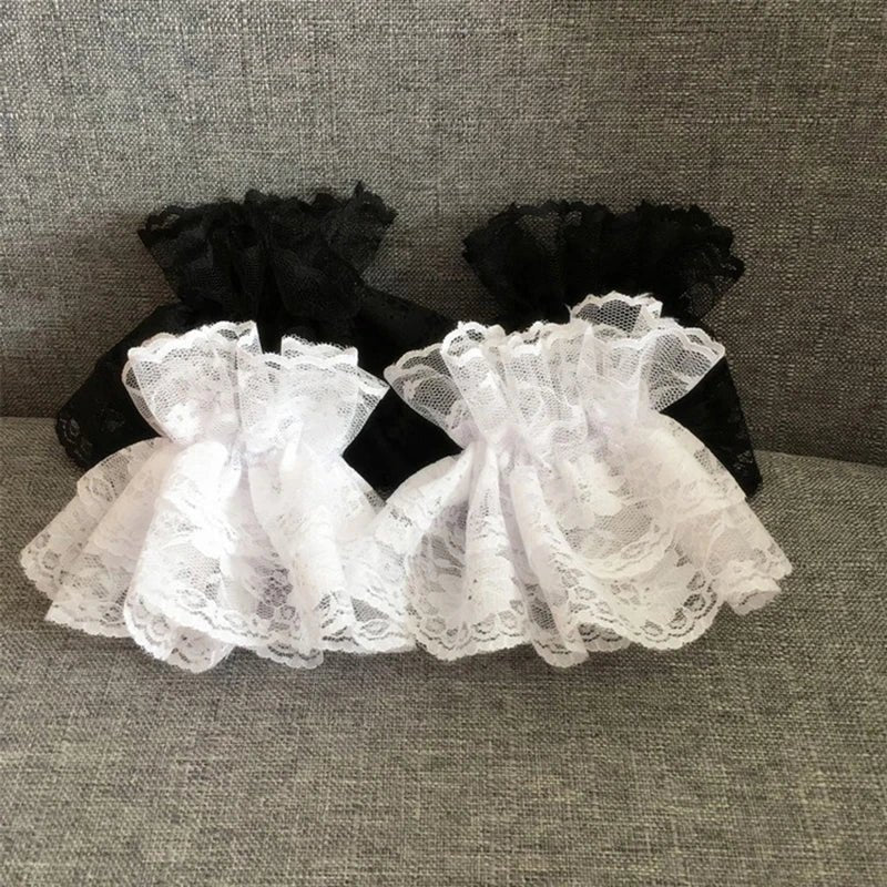 Lolita Hand Sleeve Wrist Cuffs Ruffled Floral Black Lace Elastic Bracelet Elegant Ladies Short Lace Gloves Halloween - AltBrat