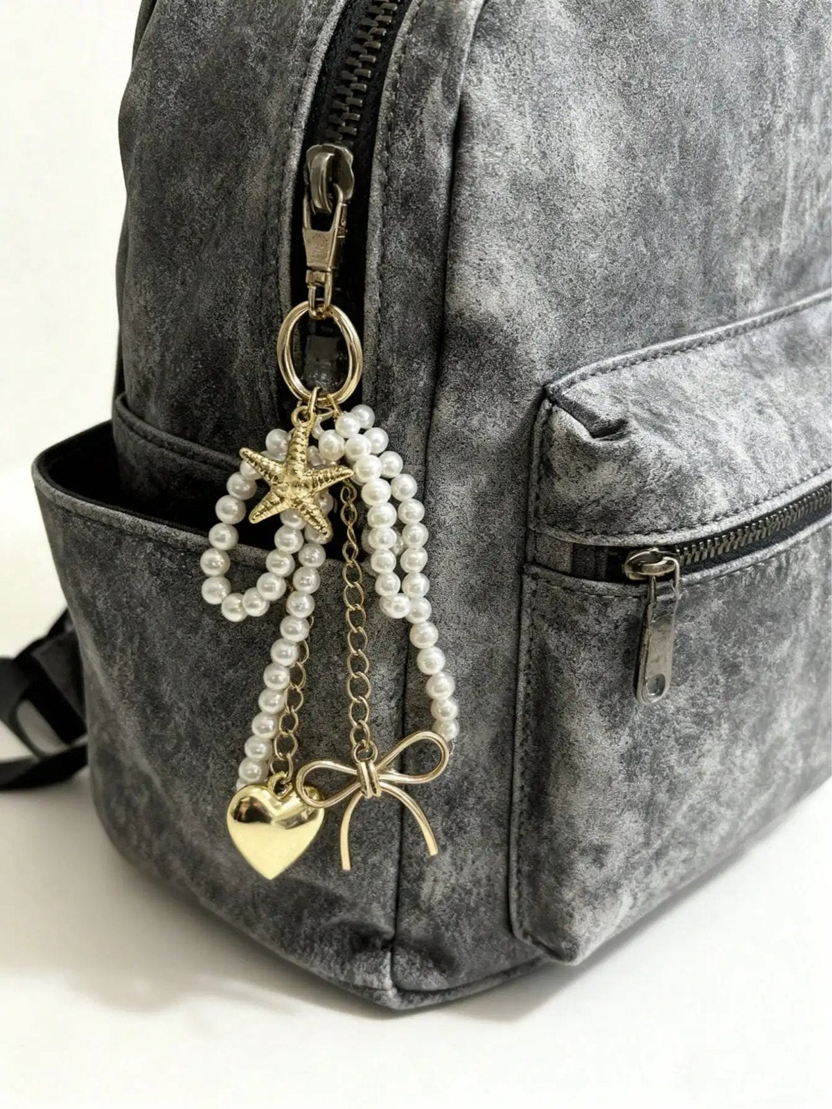 Elegant Pearl Bow Heart Star Bag Charm Keychain, Silver Plated Heart Star Pendant, Aesthetic Pearl Purse Key Ring Access - AltBrat