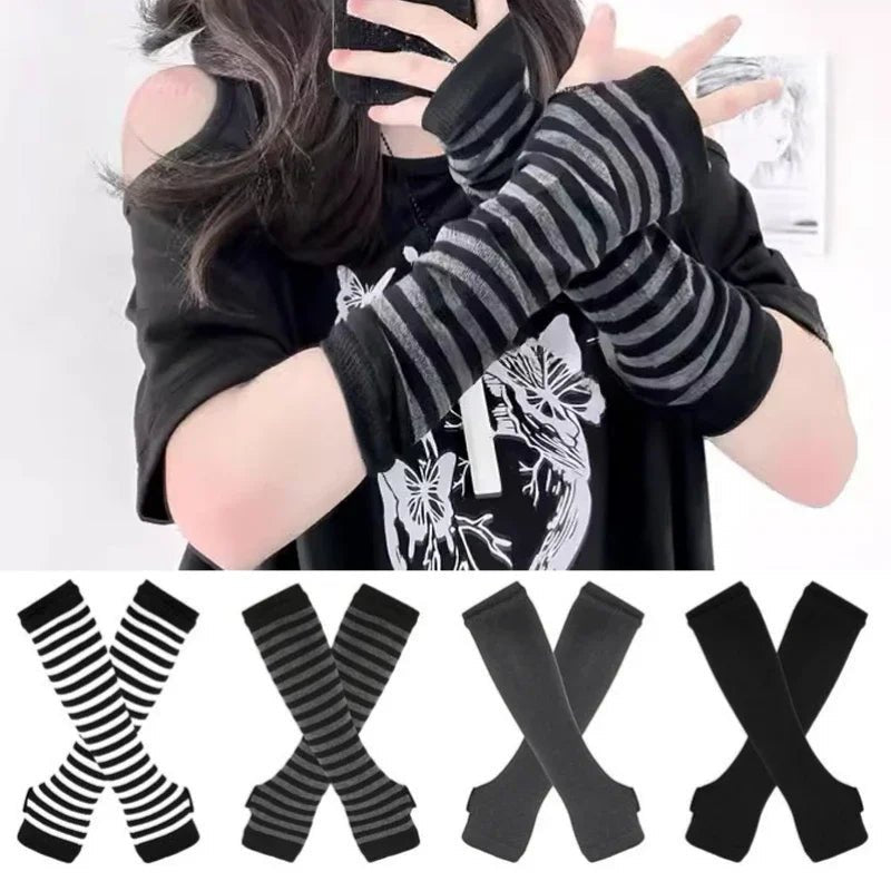 Striped Long Fingerless Arm Warmers (Multi-Colour) - AltBrat