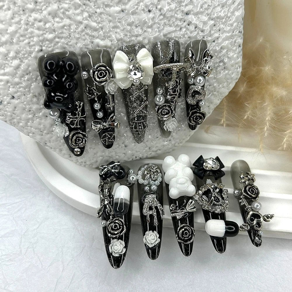 Cute Japanese Dark Jirai Long Tip Handmade Press On Nails Y2K Shibuya Spice Girl Fake Nails Bow Bear Rose Cross Glitter  - AltBrat