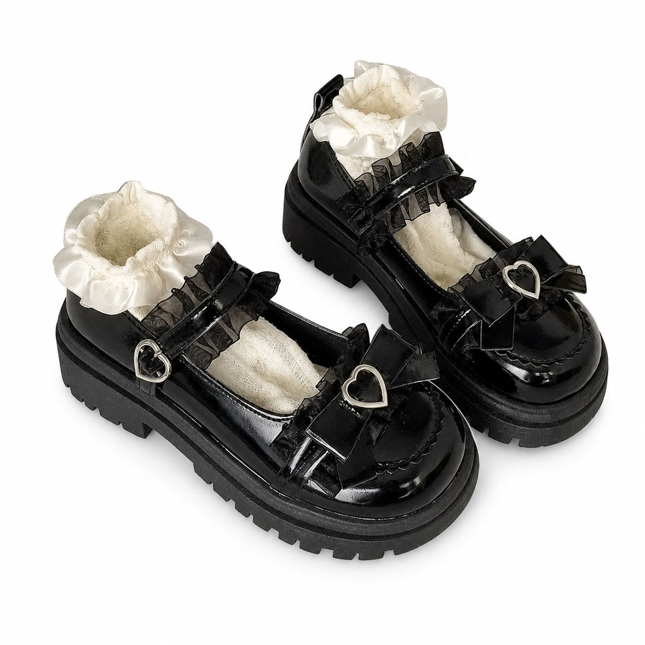 Lace Bow Heart Buckle Platform Mary-Jane Shoes - AltBrat