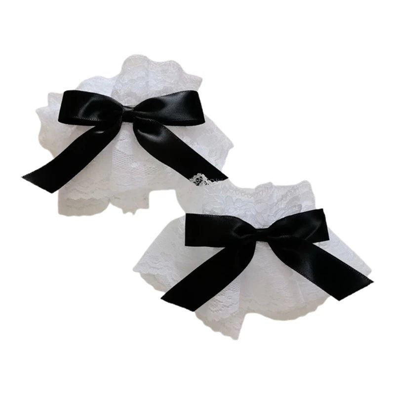Dark Gothic Lolita Wrist Cuffs Sweet Satin Bow Ruffles Floral Lace Tulle Bracelet Wristband Japanese Anime Maid Cosplay  - AltBrat
