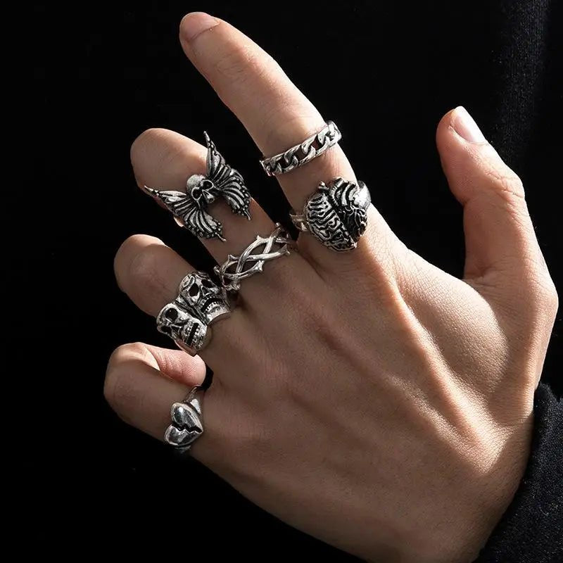 6Pcs Punk Poker Joker Silver Color Rings Set for Men Goth Skeleton Billiards Set Couple Emo Fashion Jewelry Anillos Homb - AltBrat