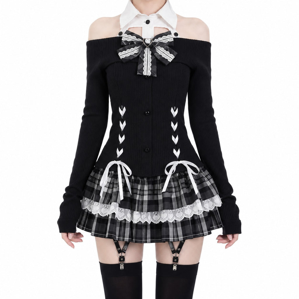 AltBrat Sweet Y2K Lolita off-shoulder knit top and plaid skirt set