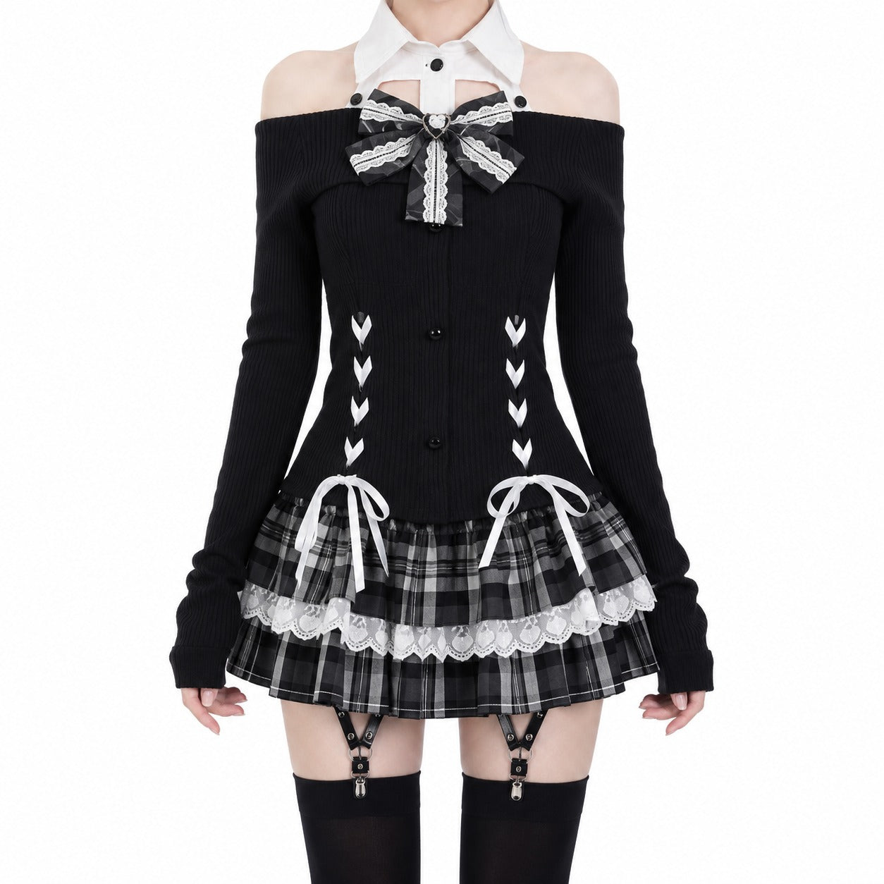 AltBrat Sweet Y2K Lolita off-shoulder knit top and plaid skirt set