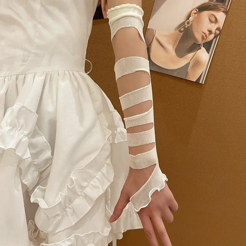 Women's Fingerless Bandage Gloves Retro JK Lolita Anime Concealing Hand Gloves Y2k Gothic Punk Hot Girl Ruffle Half-palm - AltBrat