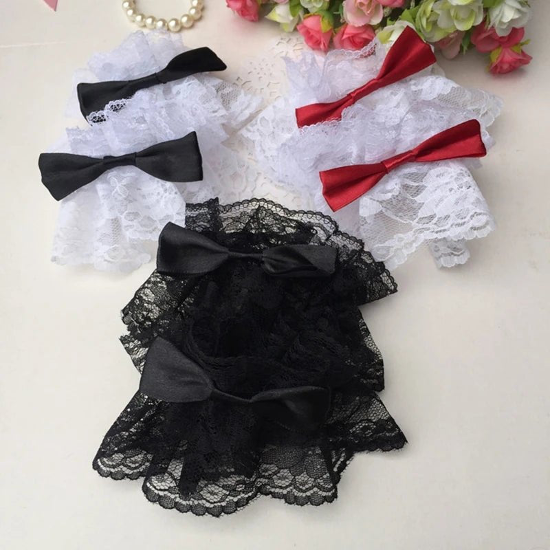 Dark Gothic Lolita Wrist Cuffs Sweet Satin Bow Ruffles Floral Lace Tulle Bracelet Wristband Japanese Anime Maid Cosplay  - AltBrat