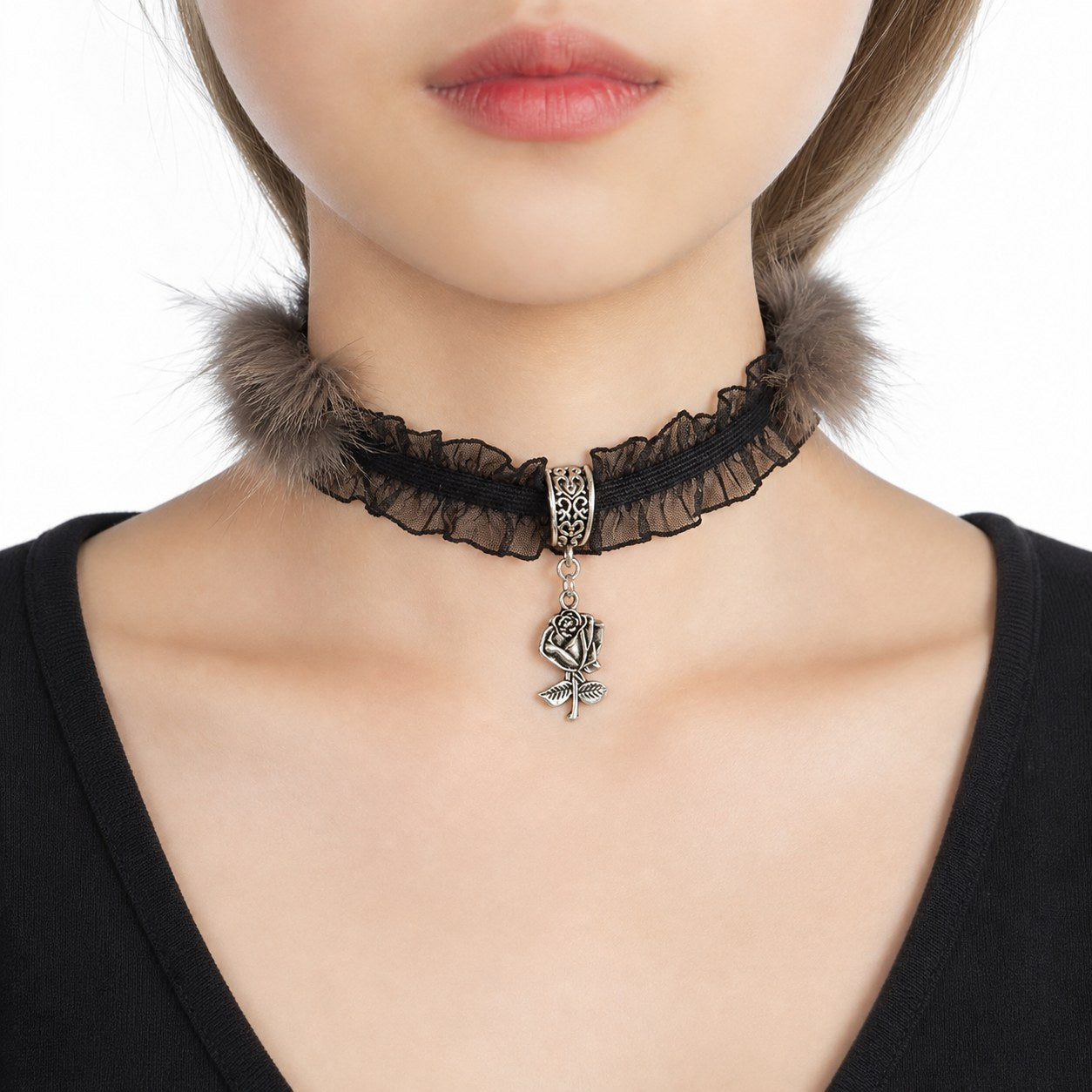 Black Lace Ruffle Choker with Rose Pendant - AltBrat