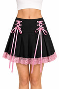 Lace-Up Pleated Skirt with Lace Hem - AltBrat