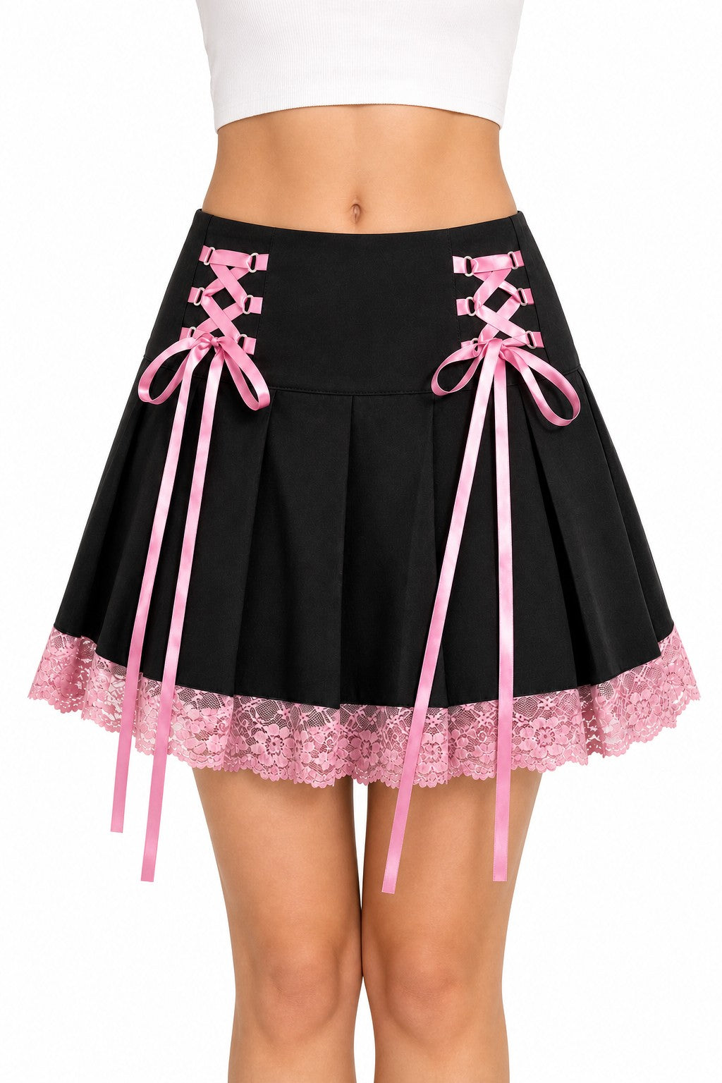 Lace-Up Pleated Skirt with Lace Hem - AltBrat