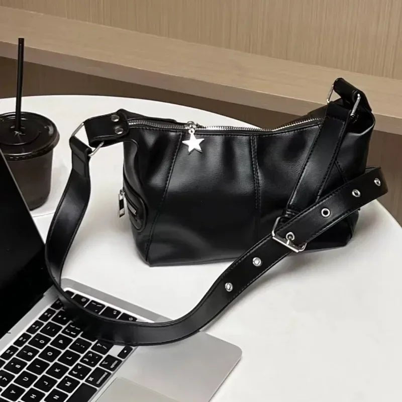 Y2K Korean Gothic Star Girl Black Handbag Harajuku Aesthetic Vintage Shoulder Crossbody Bag Trendy Women Messenger Tote  - AltBrat