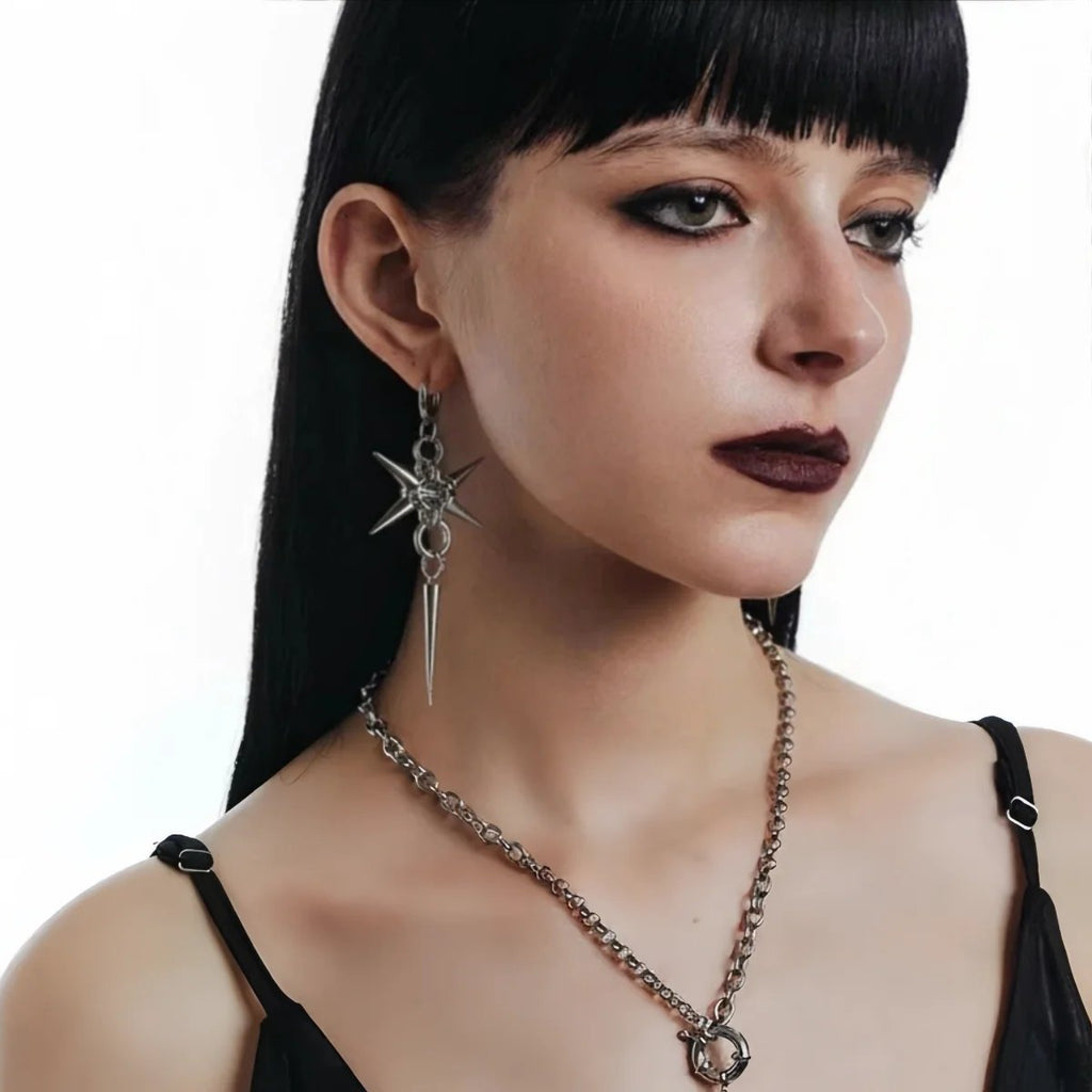 Gothic Stainless Steel Hoops Spike Piercing Long Dangle Earrings Handmade Punk y2k Chainmail Rivet Drop Earrings Rock Je - AltBrat