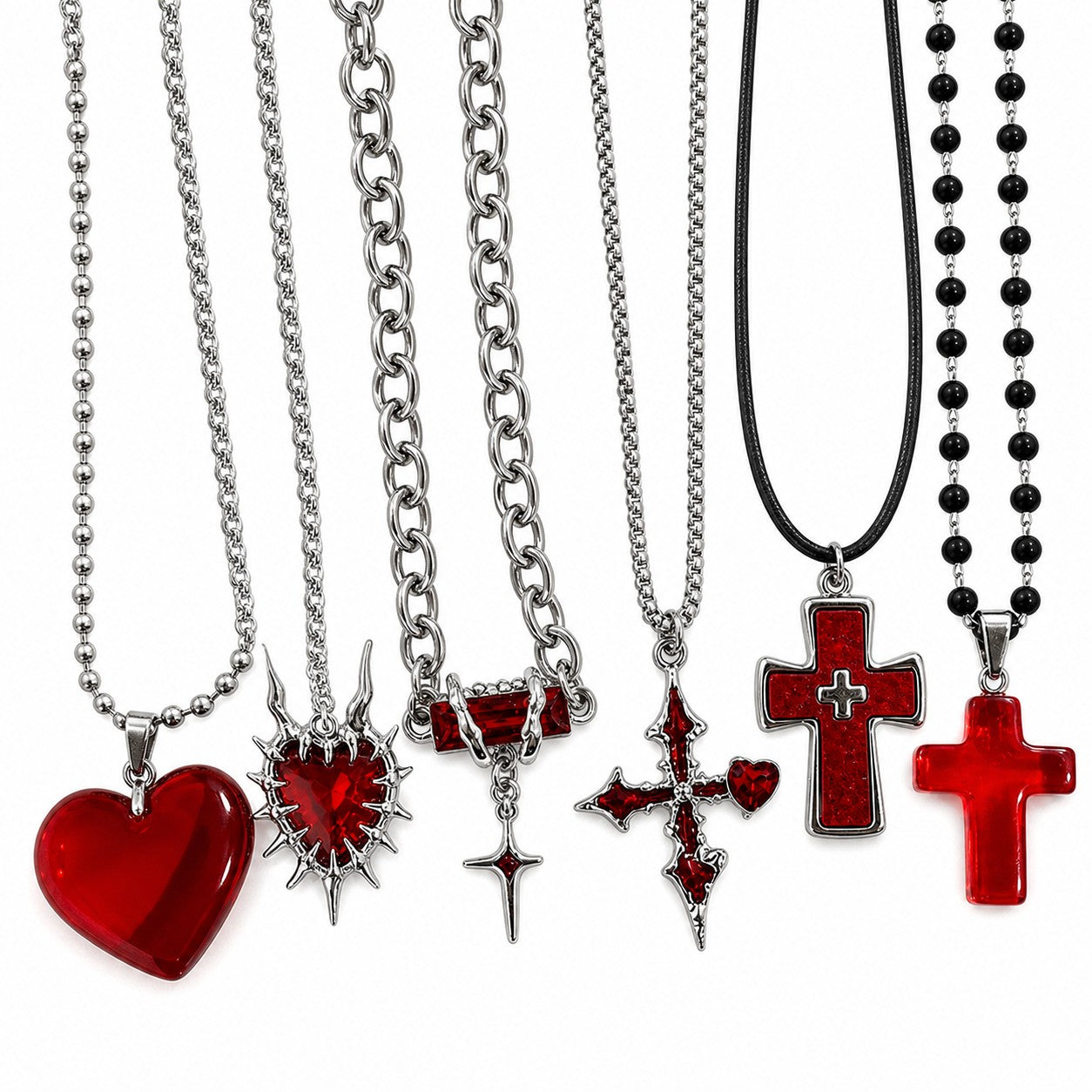 Red Heart Thorn Cross Chain Necklace