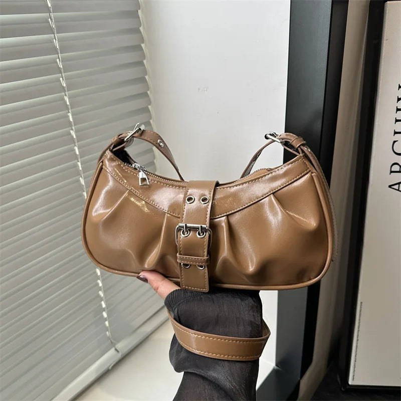 Retro Designer Buckle Armpit Bag Pu Leather Gothic Y2k Shoulder Bag Vintage Cross Body Spicy Girl Handbag Female Purses  - AltBrat