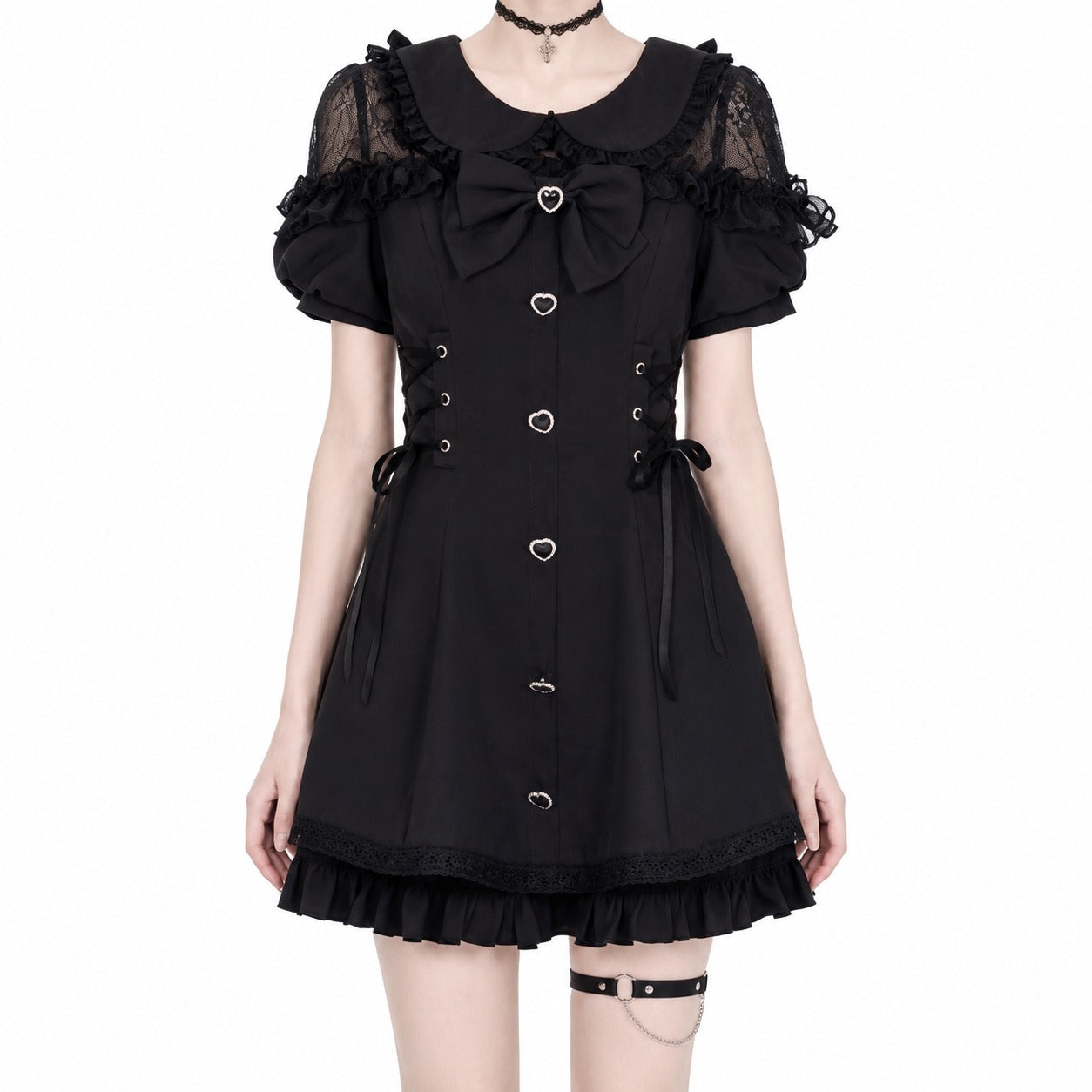 Bow Lace Heart Button Lolita Dress - AltBrat