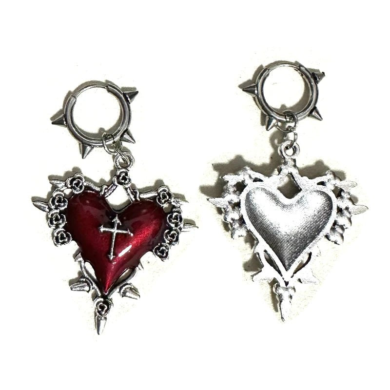 Goth Jewelry Thorns Heart Cross Earrings Red Drip Oil Rose Flower Earrings for Women Punk Charms Accessories Grunge Earr - AltBrat
