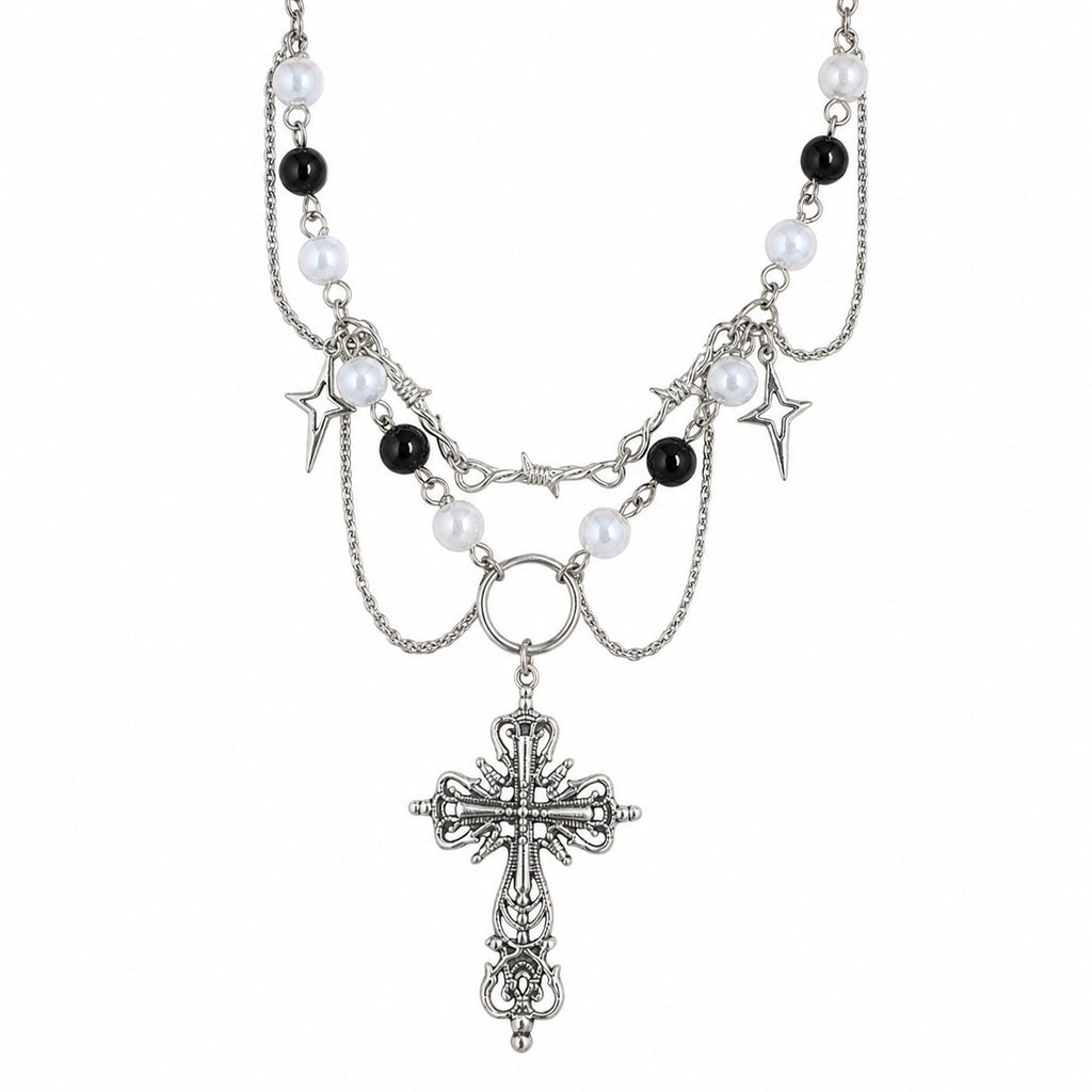 Pearl & Barbed Wire Gothic Cross Necklace - AltBrat