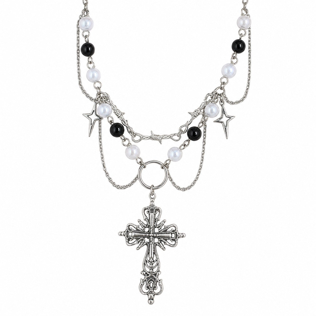 Pearl & Barbed Wire Gothic Cross Necklace - AltBrat
