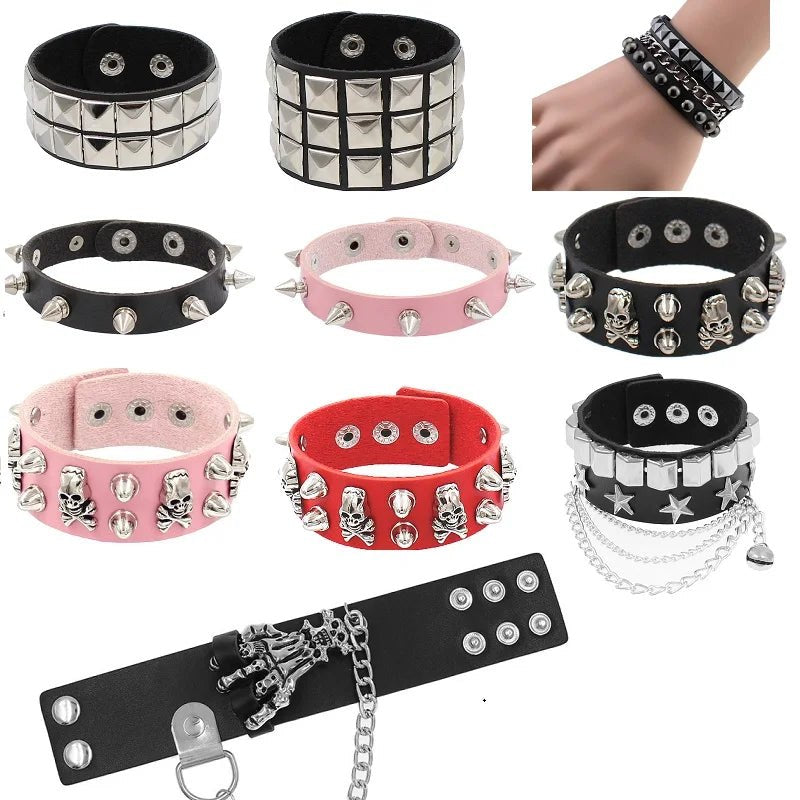 Cool Gothic PU Leather Studded Bracelet Adjustable Punk Goth Cuff Spike Bracelet Gothic Rivet Wristband for Men Women - AltBrat