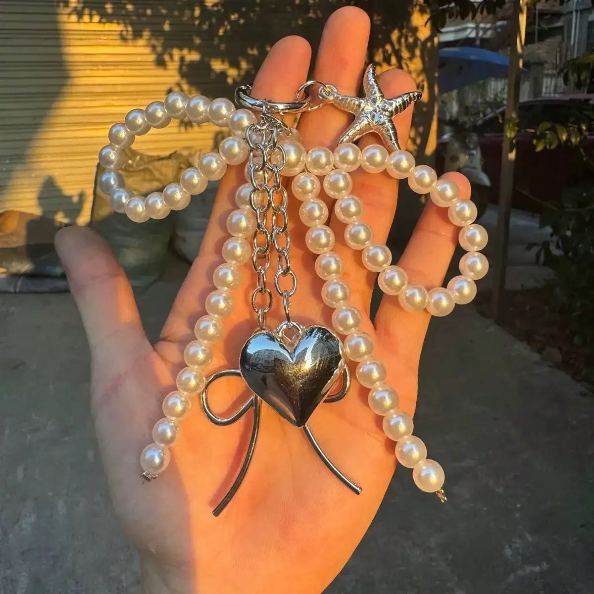 Elegant Pearl Bow Heart Star Bag Charm Keychain, Silver Plated Heart Star Pendant, Aesthetic Pearl Purse Key Ring Access - AltBrat