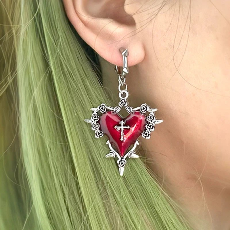Goth Jewelry Thorns Heart Cross Earrings Red Drip Oil Rose Flower Earrings for Women Punk Charms Accessories Grunge Earr - AltBrat